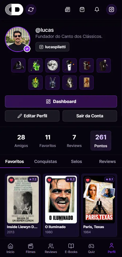 Tela inicial do Canto dos Clássicos