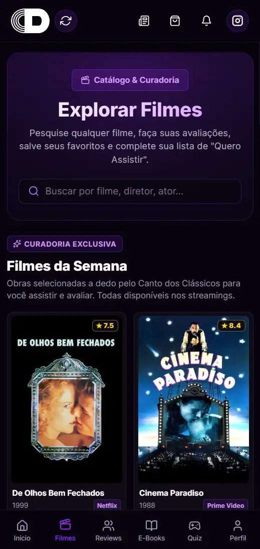 Tela inicial do Canto dos Clássicos