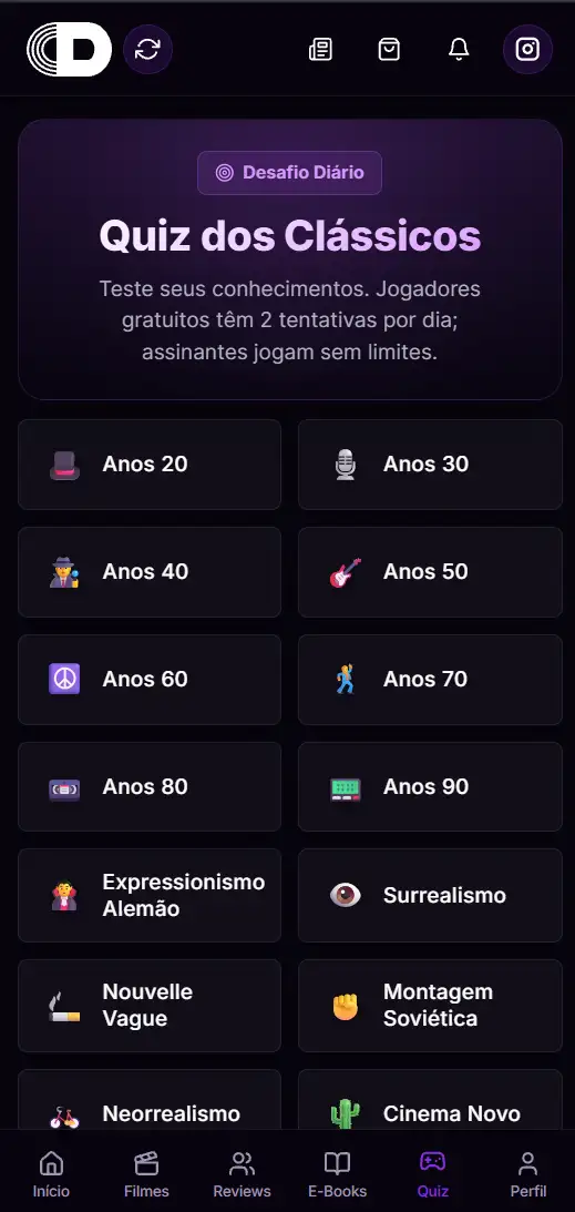 Tela inicial do Canto dos Clássicos